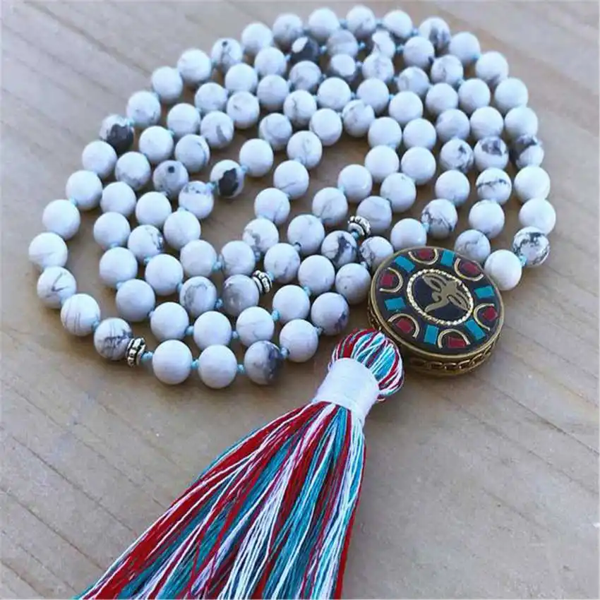 

Natural White Howlite Mala Beads Necklace 108 Beads with Tibetan Dorje Pendant & Multi-Color Tassel Healing Crystal Jewelry
