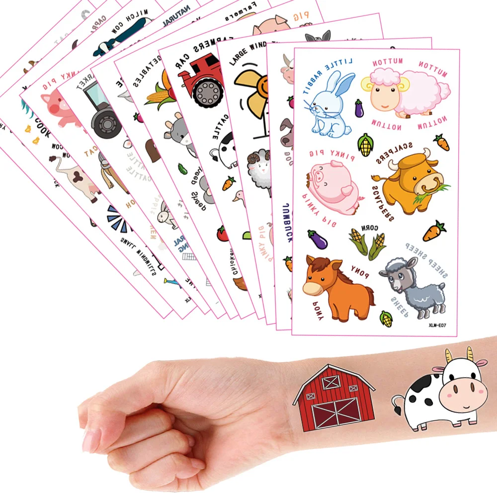 

10 Sheet Farm Animals Temporary Tattoos Kids Waterproof Animal Tattoo Sticker Animal Farm Birthday Party Supplies Body Art Arm