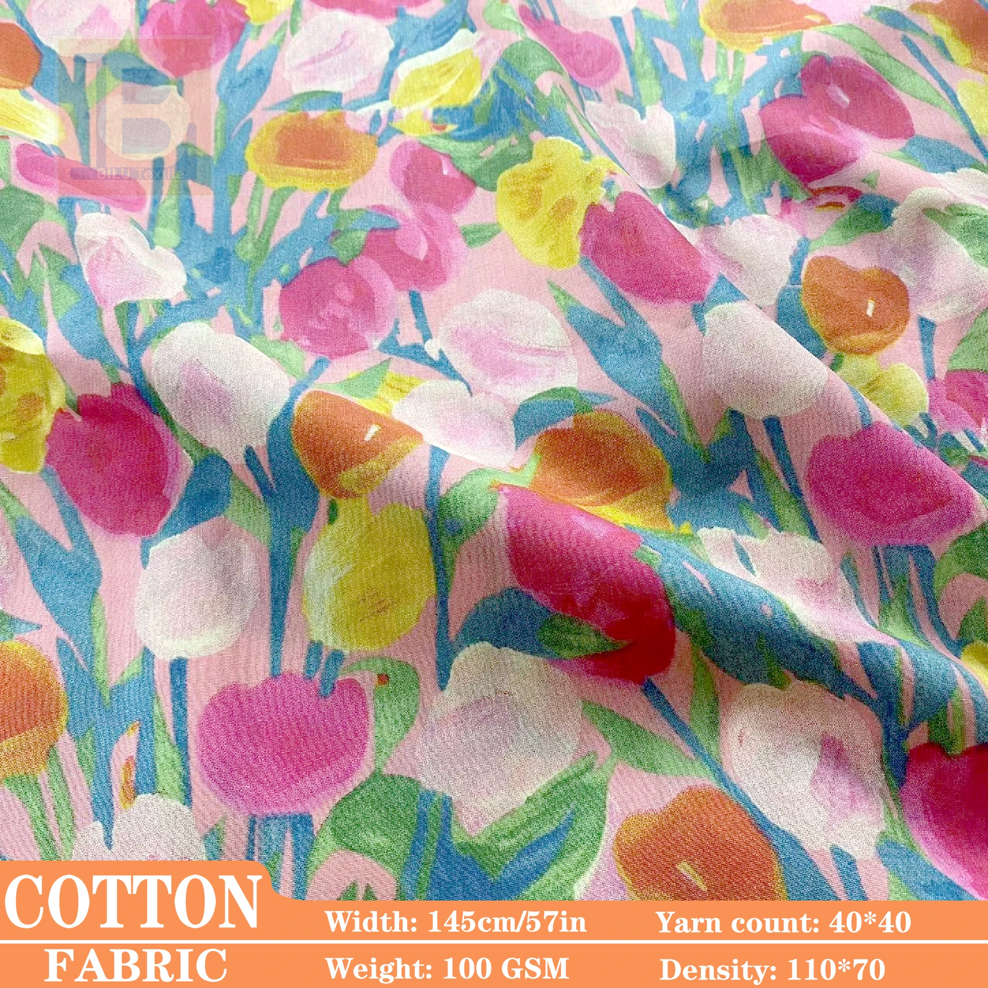 

Cotton Poplin Fabric，Like Liberty Style Tulip Floral for Dresses & DIY Sewing Clothing Designer Cloth