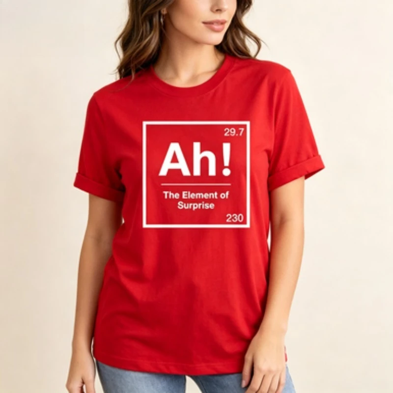 Soft Cotton Women Short Sleeve T-Shirt, Ah! The Element of Surprise Science Humor Box Print Crew Neck Basic Casual Tee