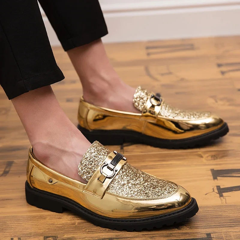 Shoes Male Flats Loafers Black Patent Leather black gold Loafers Handmade Tassel Men Formal club Wedding party Shoes men