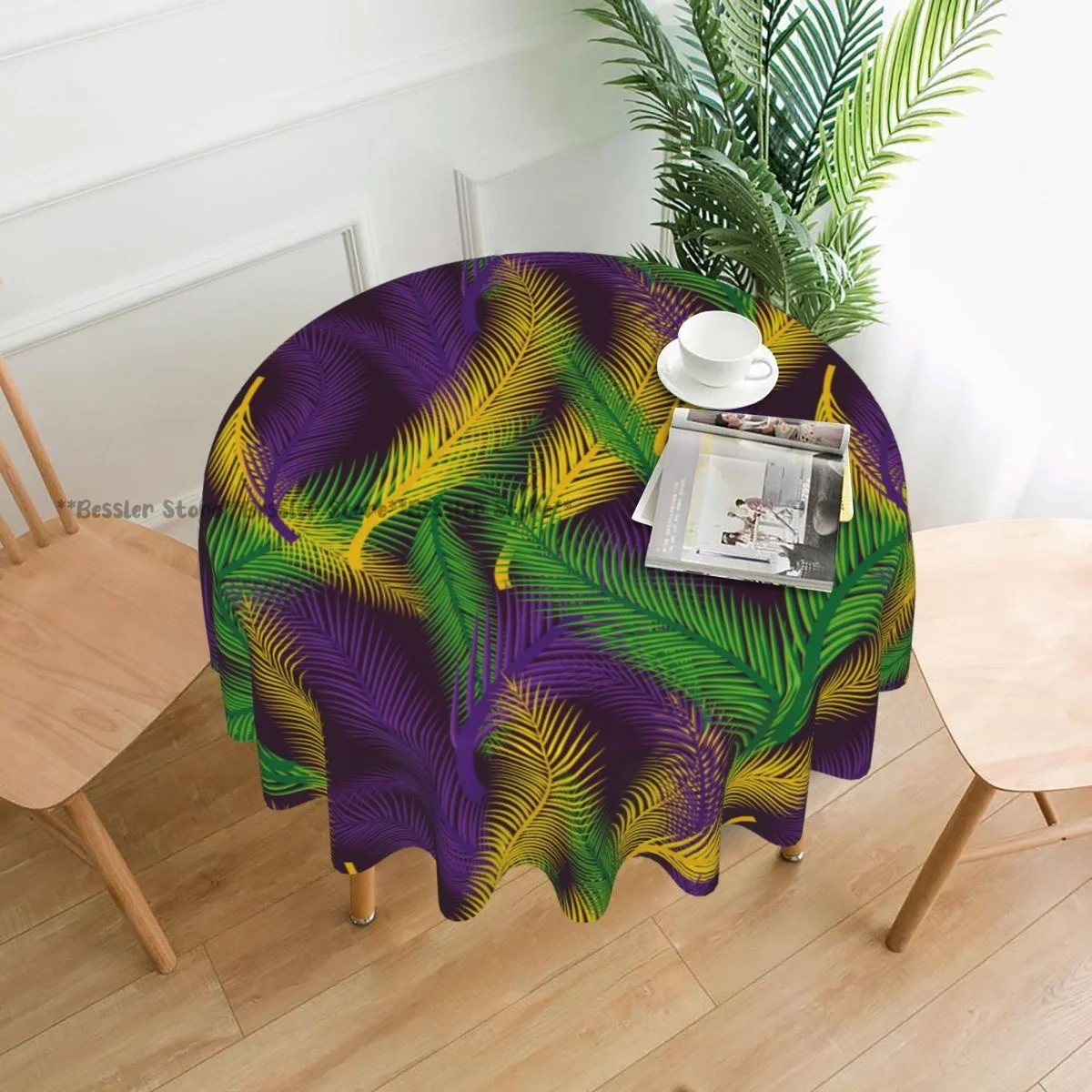 Mardi Gras Palms Round Table Cloth Polyester Kitchen Tablecloth Decorative Elegant Fabric Table Cover