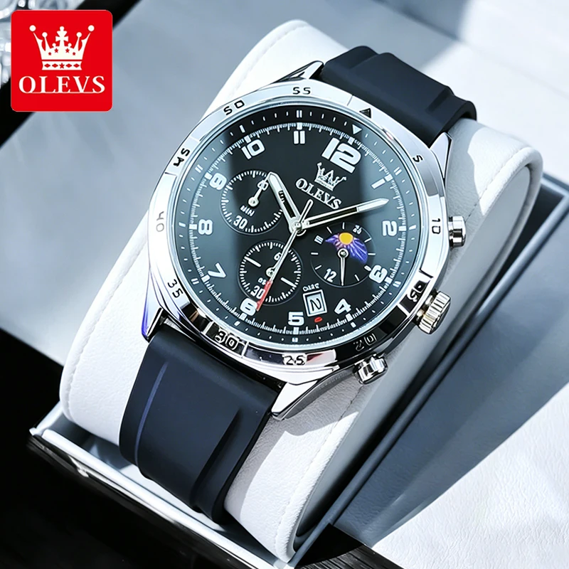 

OLEVS Men's Watches Casual Fashion Silicone Strap Multi-function Original Brand Quartz Wristwatch Waterproof Luminous Moon Phase