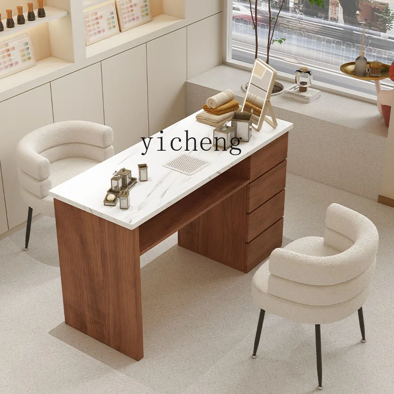 ZC Solid Wood Nail Table and Chair with Marble Dust Collection Light Luxury Ins Cream Style Stone Plate Nail Table