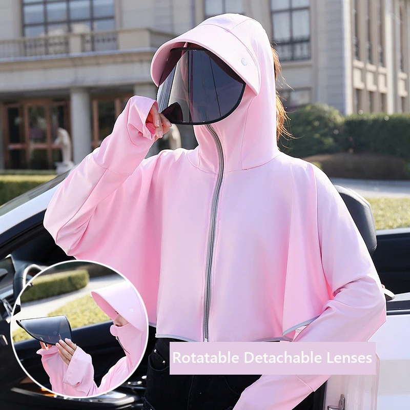 Sun Protection Jacket For Women Coat Sunscreen Clothing With Rotatable Detachable Lenses Glasses Hat Brim Summer Travel Riding