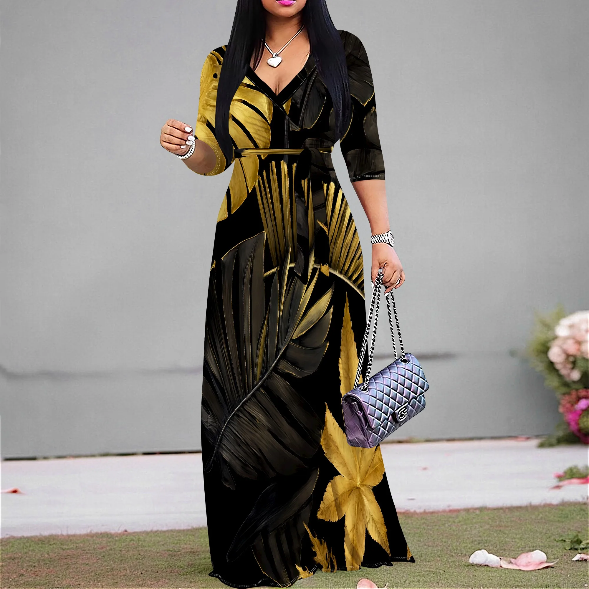 

Women's Tropical Leaf Print Maxi Dress Casual Party V-Neck Wrap Sundress XS-3XL