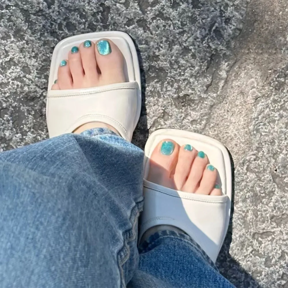 Detachable Cat's Eye Fake Toenails Square Head Full Cover False Toe Nails Wearable Manicure Short Length Foot Nail Tips Women