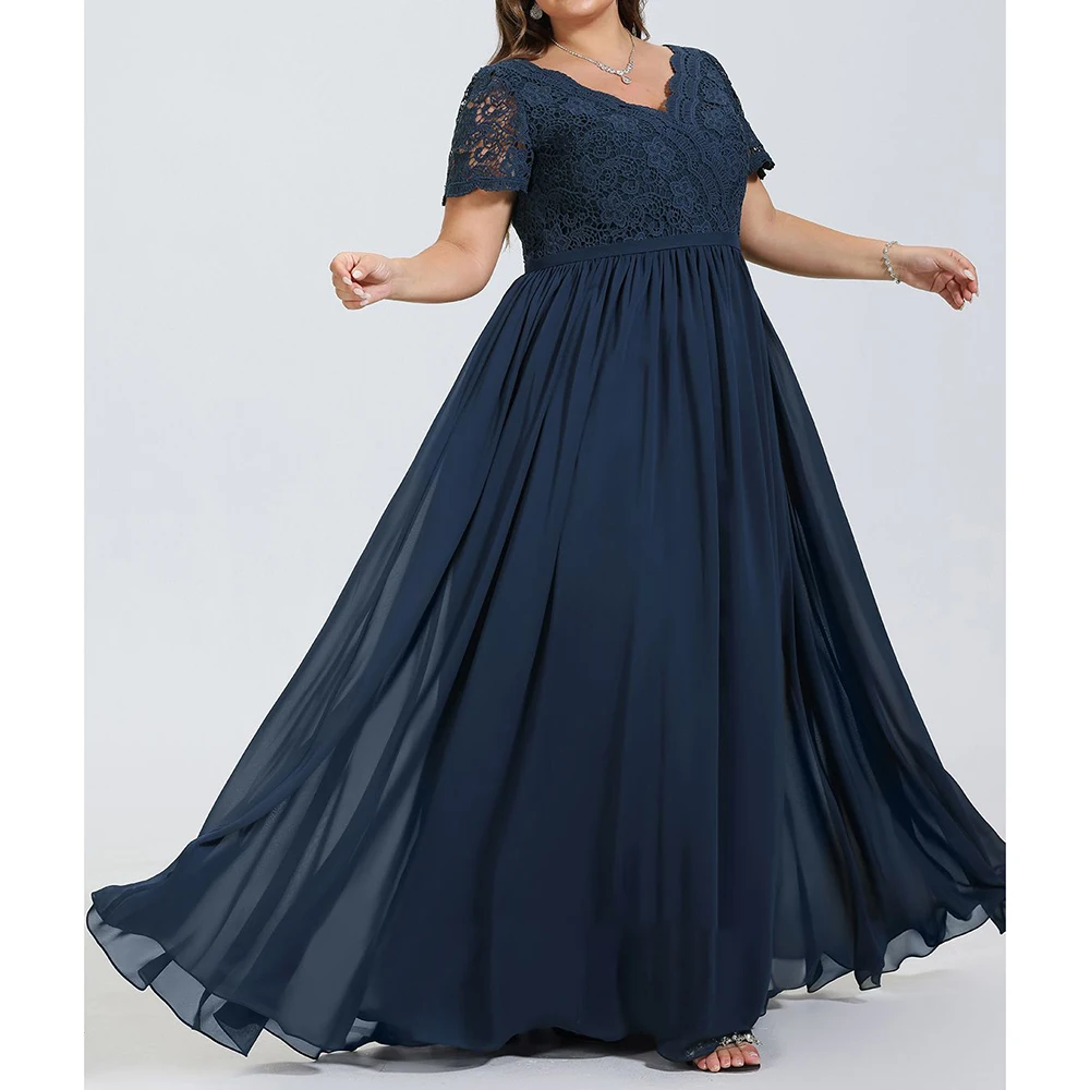 

Plus Size Women Elegant Lace Chiffon Dress Solid Color V-Neck Short Sleeve Hollow Out Summer Evening Party Club Wedding Dresses
