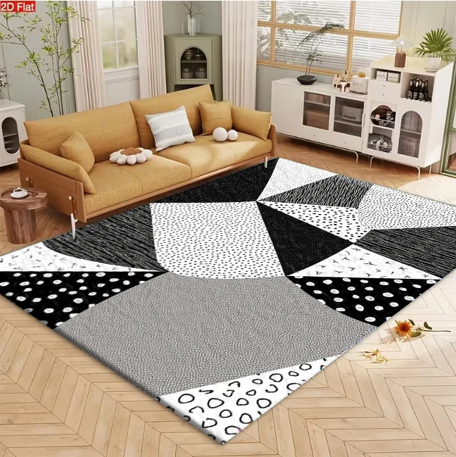 Black-White Geometric Abstract Patchwork Carpet, Modern Minimalist Textured Art Area Rug for Living Room Bedroom Home Floor Decoration