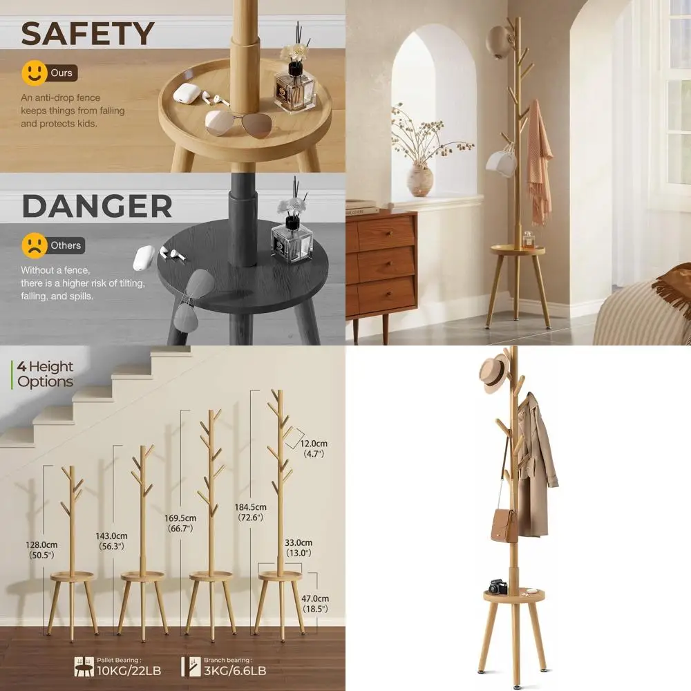 

Adjustable Wooden Coat Rack with 8 Hooks, 4 Height Settings, 50.5-72.6, for Home, Natural Finish