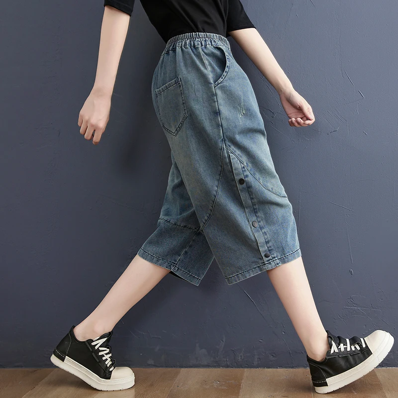 

Широкие джинсы с высокой талией, женские летние новые свободные повседневные джинсовые брюки в стиле Харадзюку, большие размеры, длинные семь дюймов