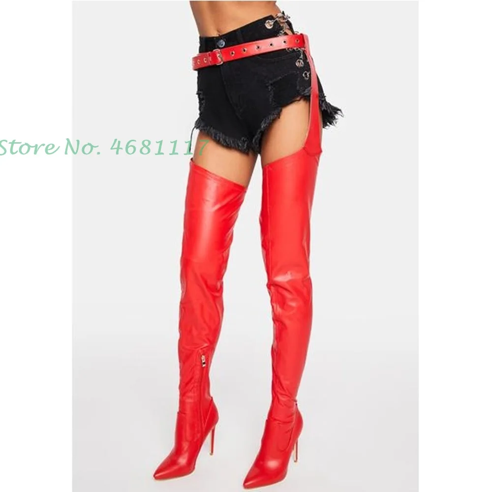 

Red Thigh High Boots With Belt Patent Spring High Thin Heels Leather Boots Sexy Funky Casual British Style Outfit Women's Boots