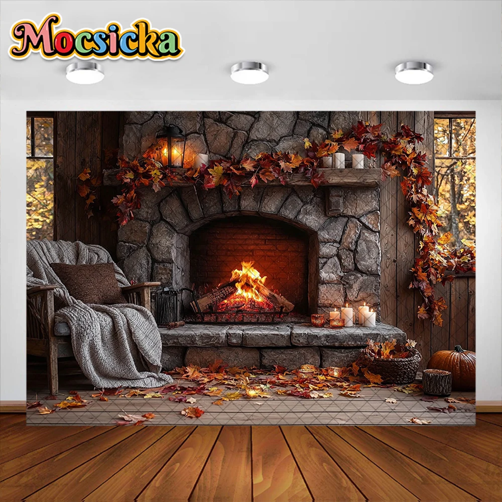 Осенний фон для фотосъемки с изображением кленового листа и камина