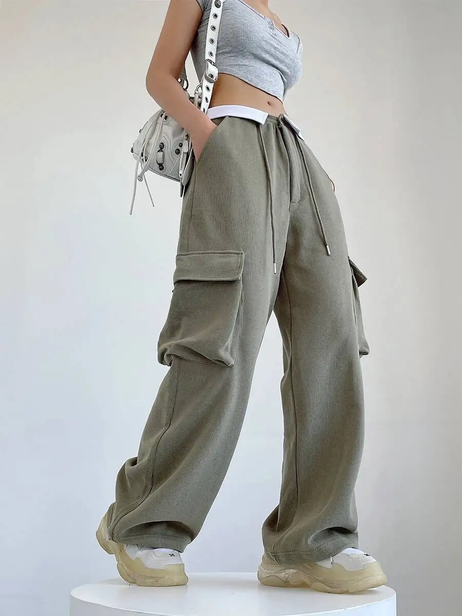 

Женские летние рабочие брюки WOMENGAGA в американском уличном стиле с большими карманами, на шнурке, свободные, широкие штанины, модные, 2026 Sweet Q1TL