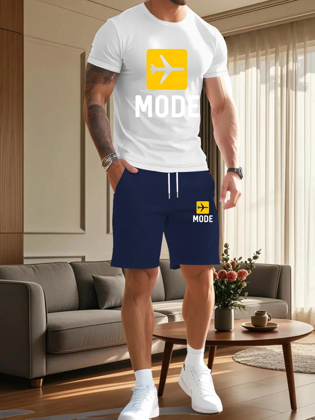 

Men's two-piece trendy clothing casual round neck short sleeved T-shirt and drawstring shorts spring/summer sports set