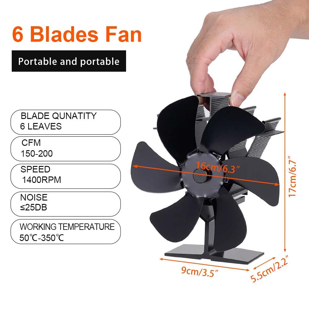 6 Blades Heat Powered Stove Fan Black Fireplace Fan Log Wood Burner Eco-fan Quiet Heater Home Efficient Heat Distribution