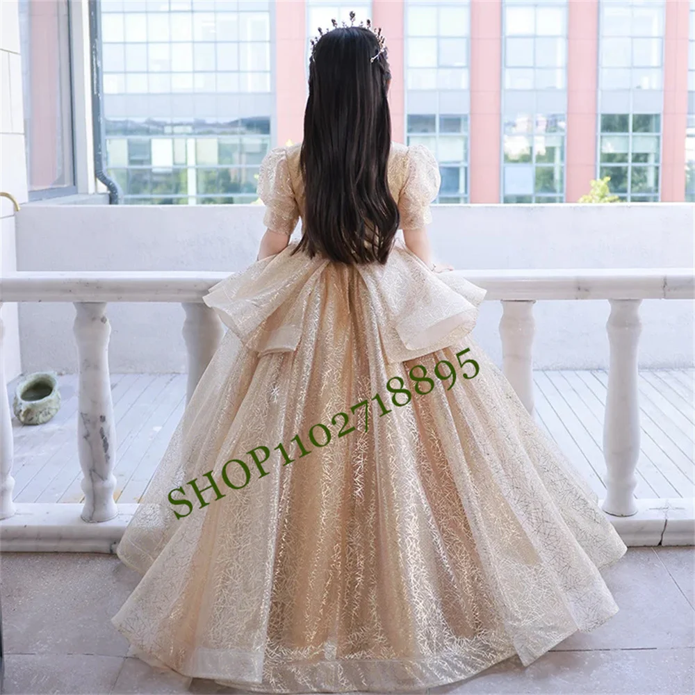 

Luxury Shinny Beading Design Flower Girl Dresses for Weddings O-neck Stand Collar Girls Birthday Dress Tiered Princess Robe