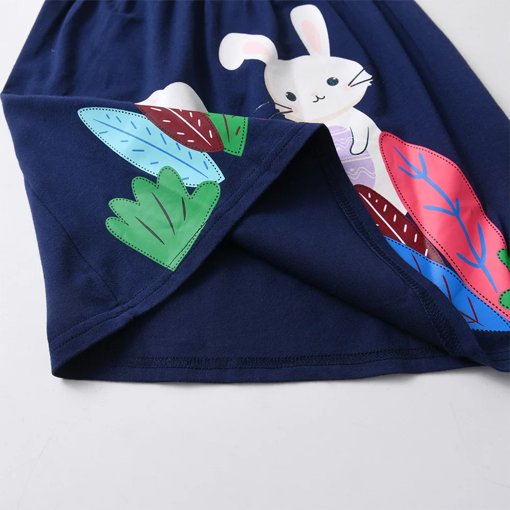 VIKITA Mädchen Marineblau Flare Ärmel Baumwolle Lässiges Sommerkleid Kinder Niedlicher Hase Kaninchen Aufdruck Tägliche Schule Gerade Kleider – Detail 4