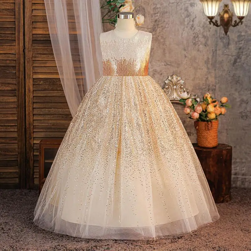 Sequined Princess Dress Wedding Party Girls Sleeveless Tutu Skirt Festival Children Dresses Mesh Skirts 4-8Y