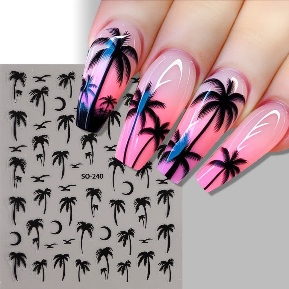 3D Black Palm Tree Nail Art Stickers Gold Coconut Tree Moon Decals Bird Beach Theme Nail Sliders Charms Manicure Decors NLSO-240