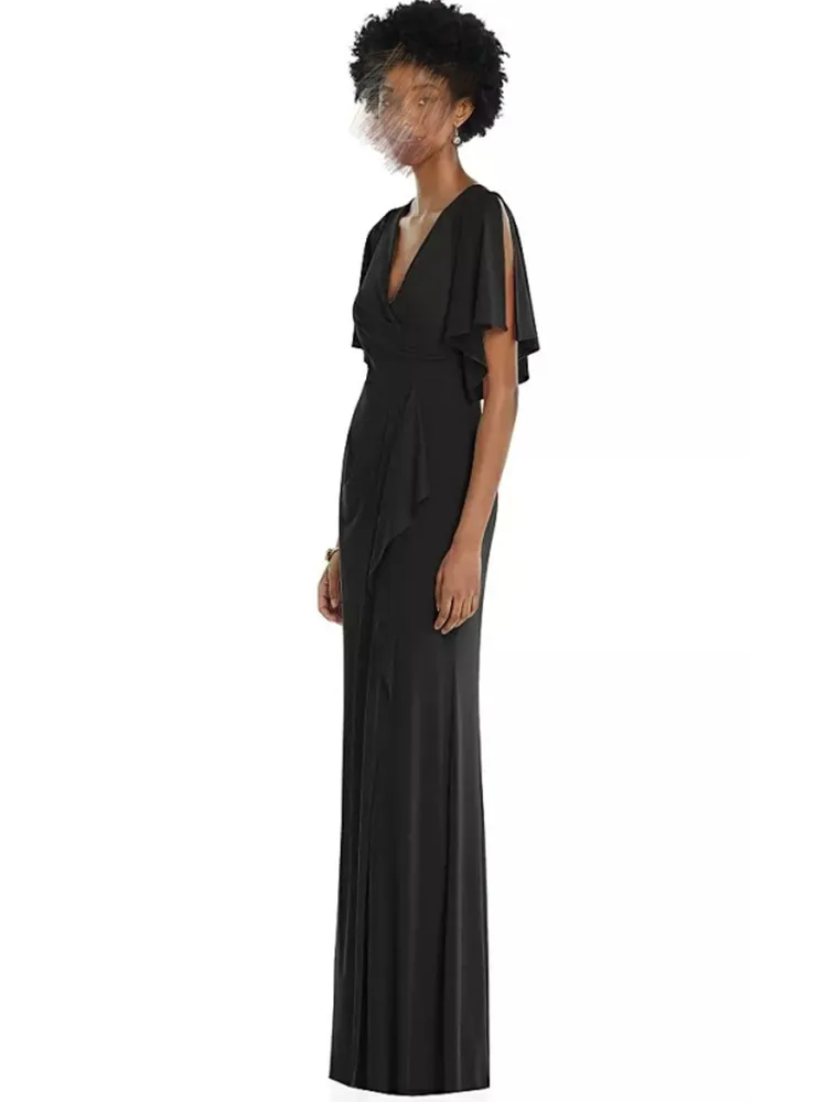 Robe de soirée noire à col en V pour femme, robe de cocktail longue, demi-manches, robes de soirée, 2024