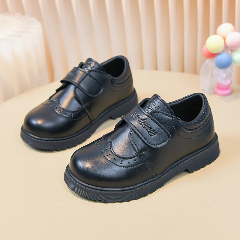 Toddler Boys Brogue Dress Shoes, Hook and Loop Strap, Non Slip Soft Sole, Formal Black Leather Shoes for Wedding Party Wear