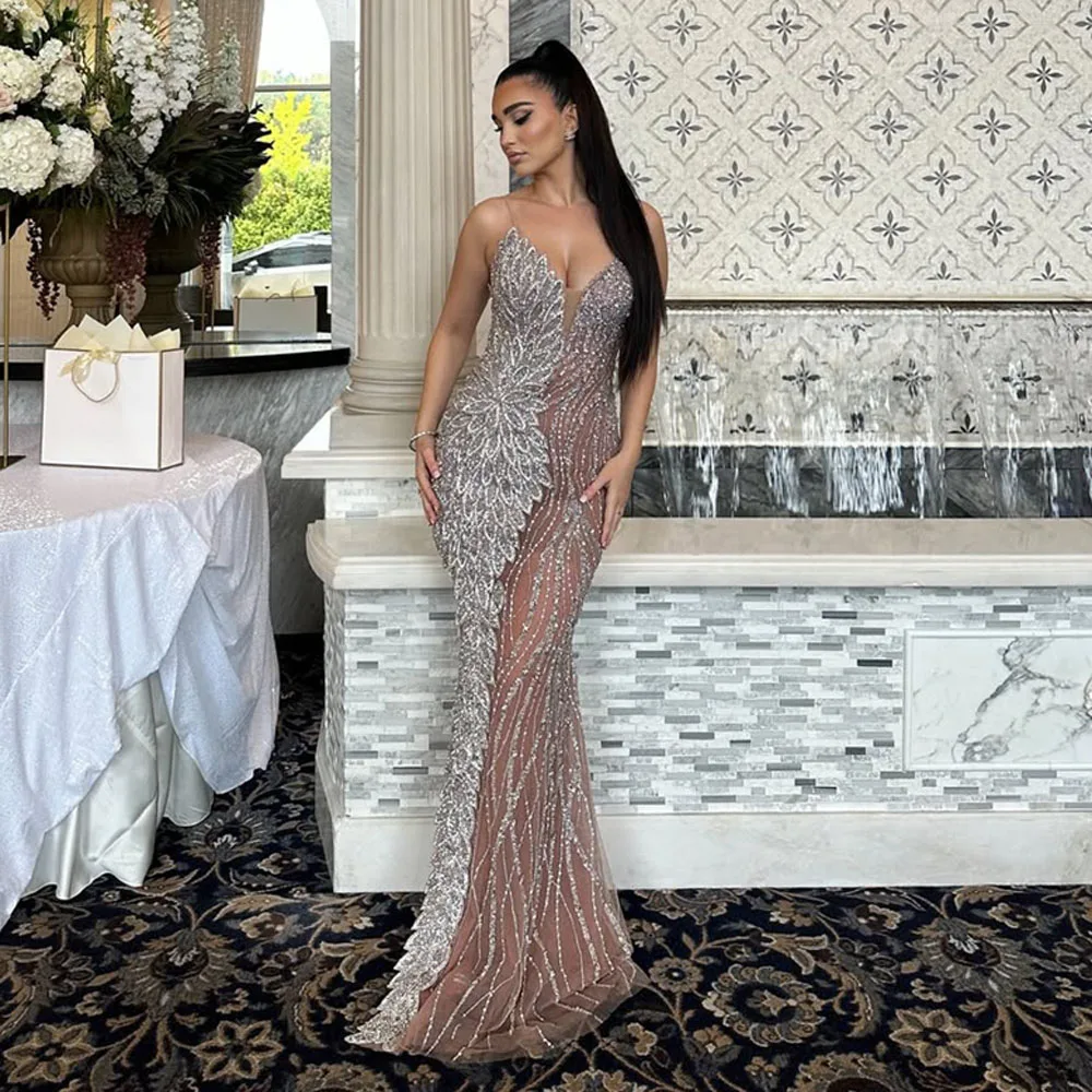 

2026 New Hot Sale Silver Sequin Mesh Mermaid Evening Dress Deep V Neck Bodycon Prom Dress Women Formal Party Gown Luxury Glamoro