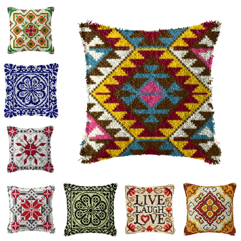 

European Retro Flower Geometry Latch Hook Kit Knot Package Embroidery Latch Hook Kits Cushion Pillowcase Set For Needlework DIY