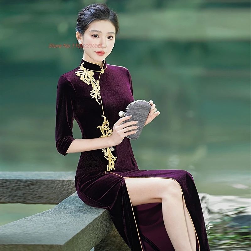 

Бархатное Ципао с национальной цветочной вышивкой, улучшенное торжественное платье Cheongsam, ретро платье для выступления на сцене, банкетное вечернее платье