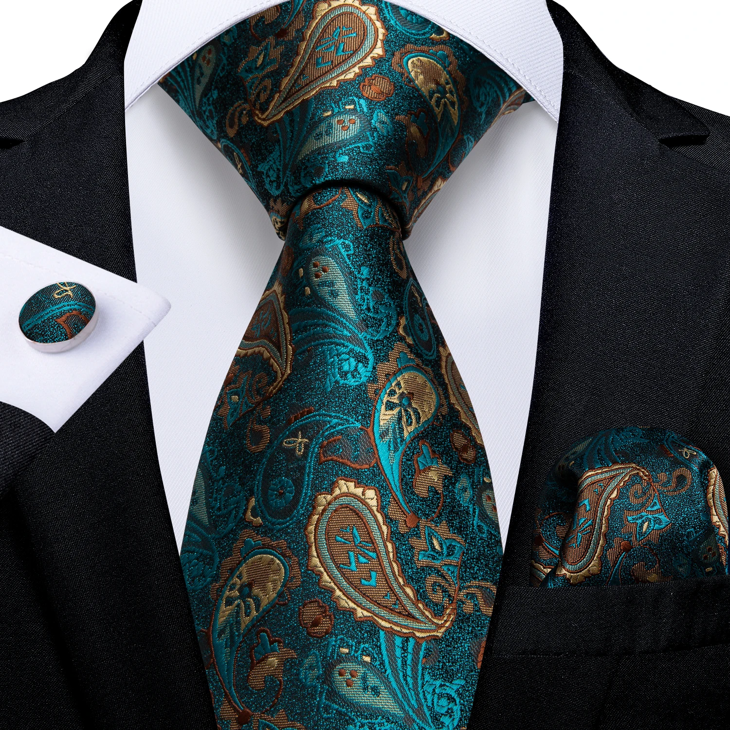 8cm Men's Silk Polyester Ties Pocket Square Cufflinks Green Gold Paisley Wedding Party Accessories Necktie Gift