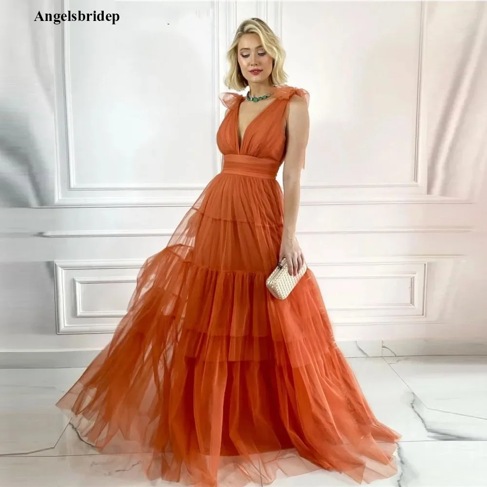 A Line Orange Prom Dresses, Decote V, Saia em camadas com babados, Vestidos de festa com renda traseira, Vestidos de noite, Luxo