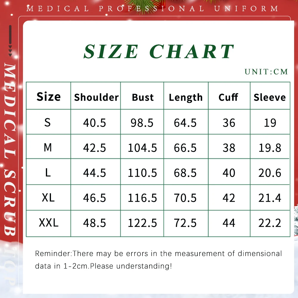 Women Men Christmas Scrubs Top Short Sleeve Pockets Surgery Blouse V-neck Medical Clothes Unisex Spa Dental Vet Surgical Uniform