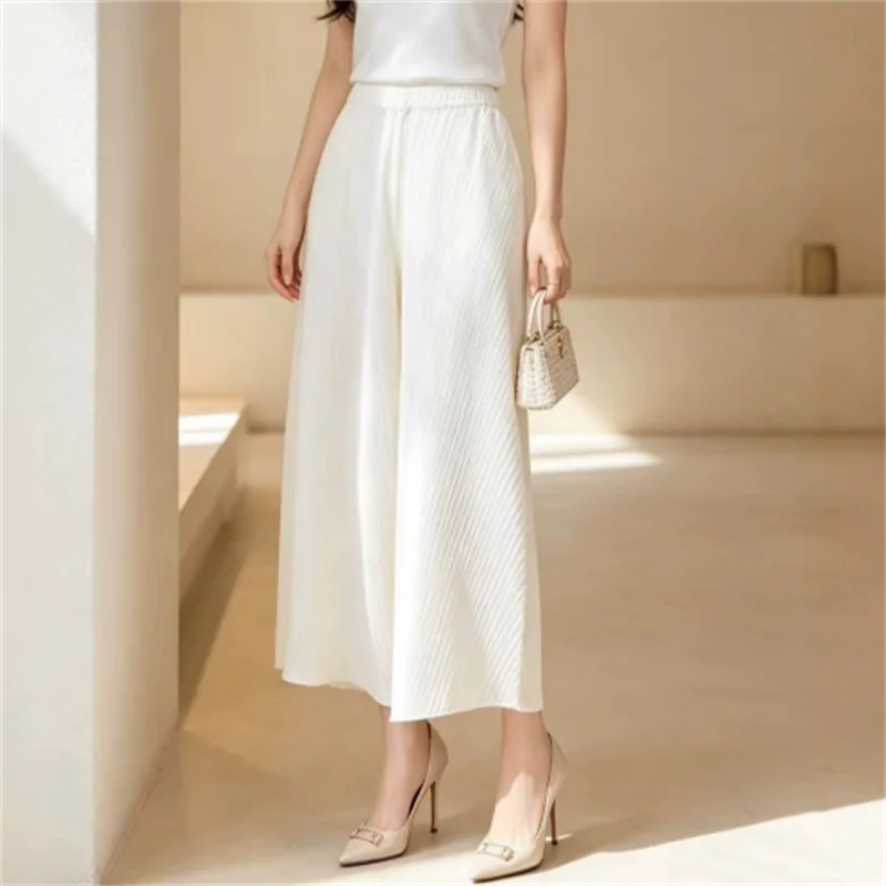 Miyake Pleated Thin Pleated Loose Nine-point Trousers with Pockets Breathable Large Size Slimming Daily Wide-leg Trousers