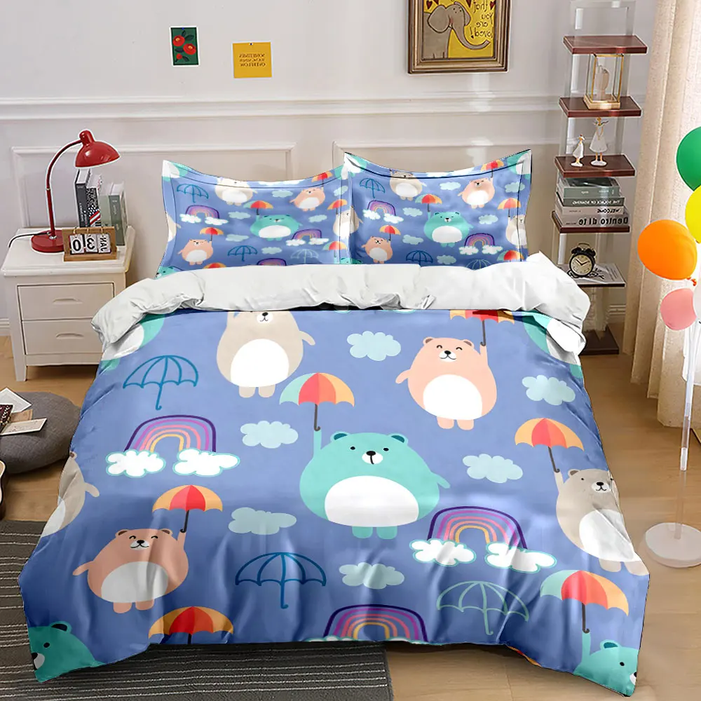 Cartoon bears and umbrella background Printed Duvet Cover Set 1 Duvet Cover+2 Pillowcase Multi Size Bedroom Bedding Decor