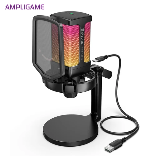 AmpliGame Micrófono USB para juegos con cancelación de ruido, micrófono RGB con silencio rápido, perilla de ganancia para transmisión, PC, computadora portátil, PS4/5, Mobile-Q6