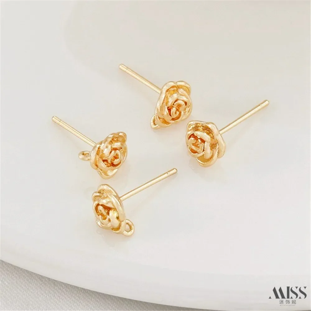 

14K Gold-plated Rose with Hanging Ring Flower Earrings S925 Silver Needle Earrings DIY Handmade Ear Accessories