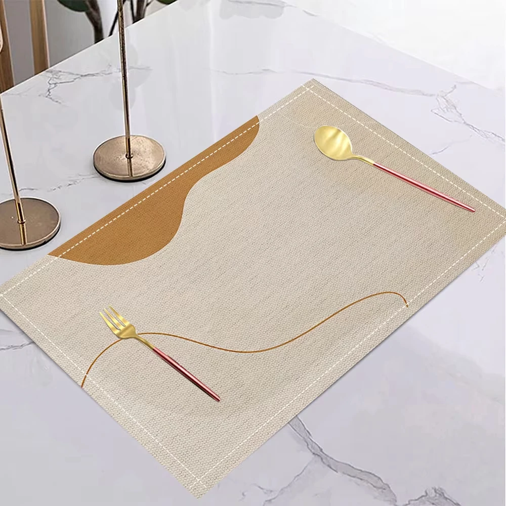 VIKAMA Neutral Beige Brown Geometric Striped Placemat, Waterproof Wipeable Rectangular Table Mat for Daily Dining