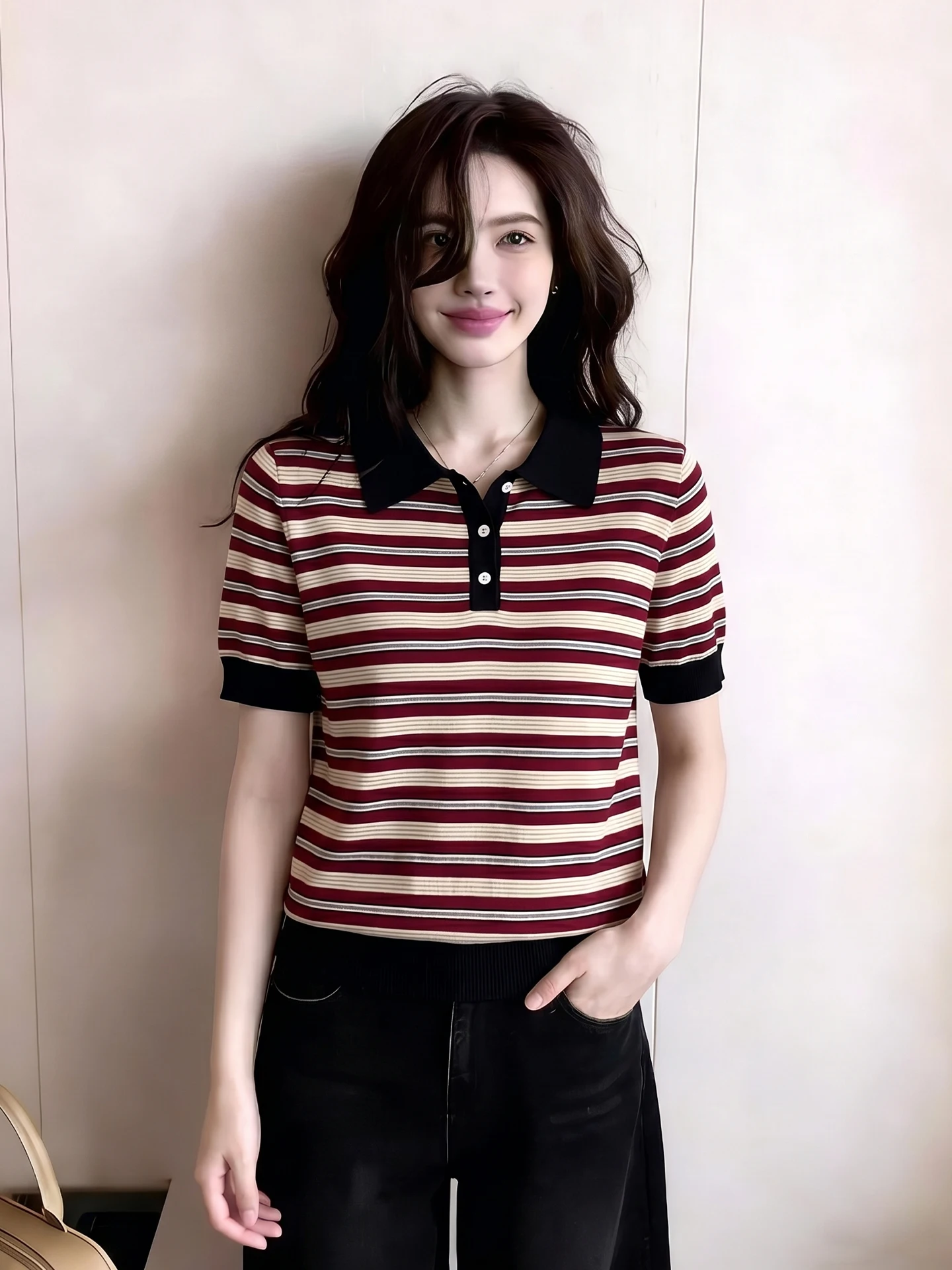 

Retro Neck Striped Knitwear Short Sleeve Versatile Fashionable Top Unique Stylish Summer Unique Versatile Small Shirt