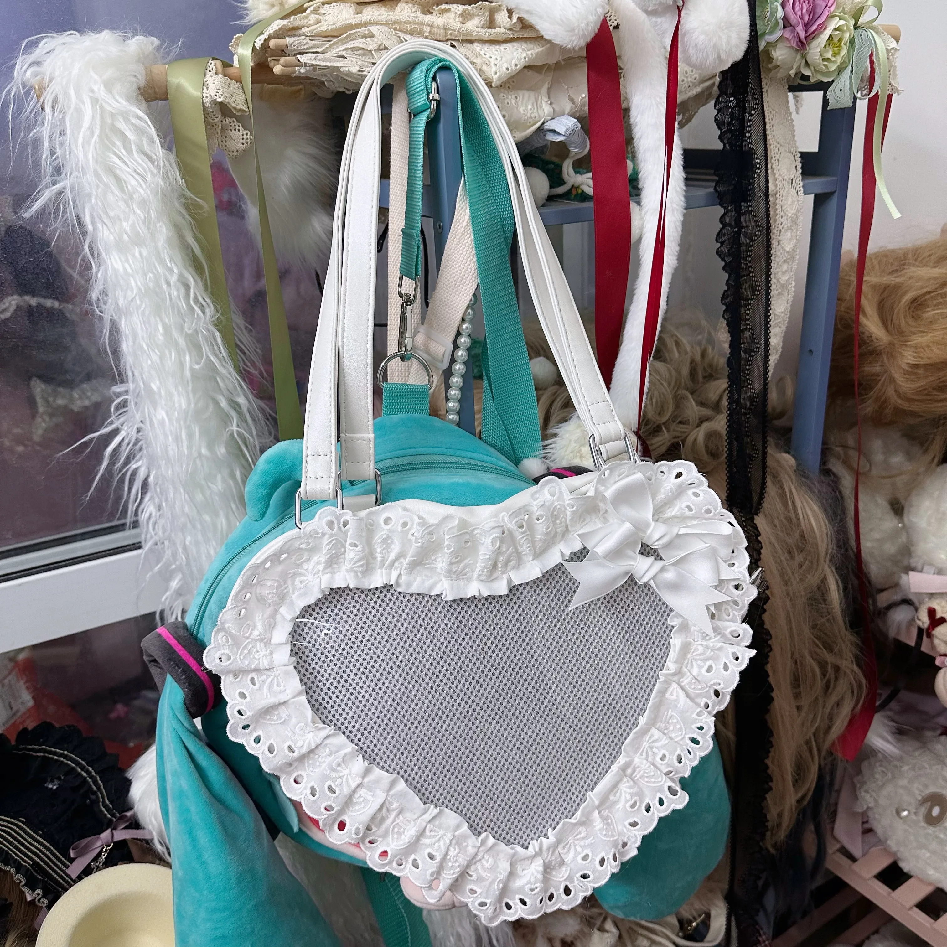 Lolita Handmade Love Heart Lace Flower Cute Shoulder Bag Sweet Girl Students Bow Tote Handbags