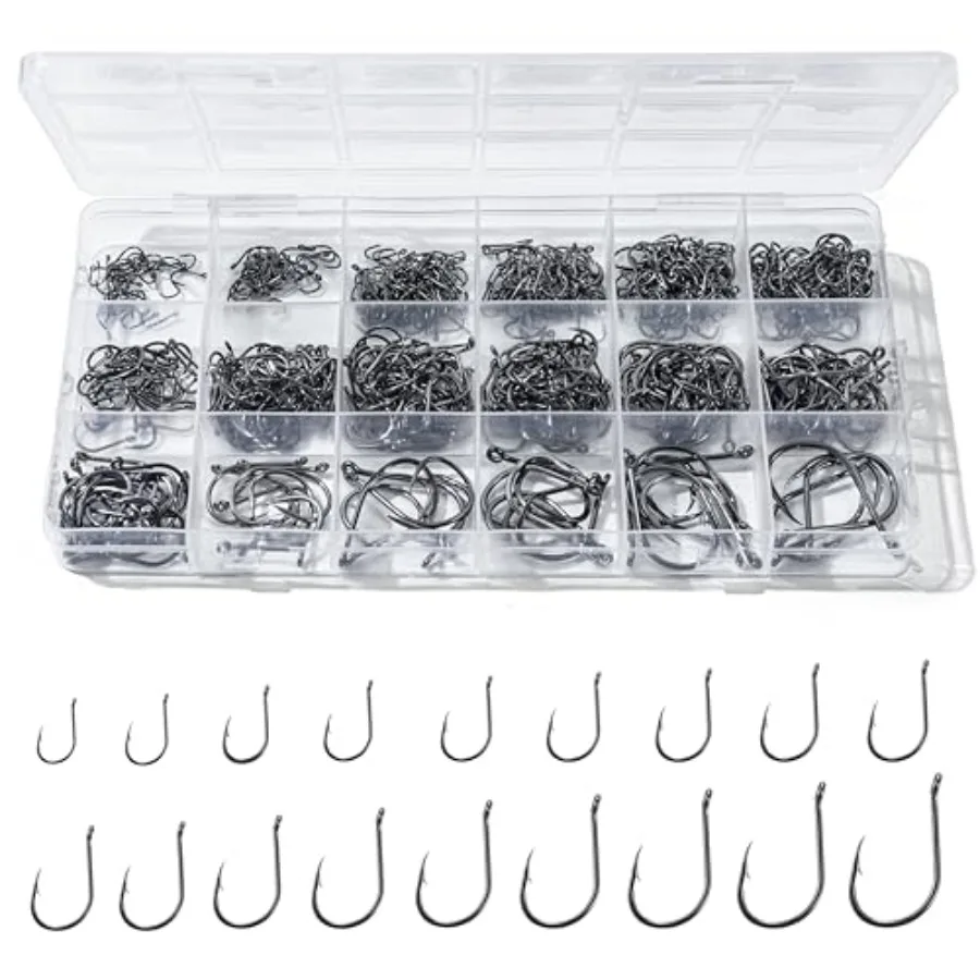 300PCS Fishing Hooks 18 Sizes High-Carbon Steel Barbed Fish Hooks with Holes Fishing Gear with Storage Box Suitable for Fishing