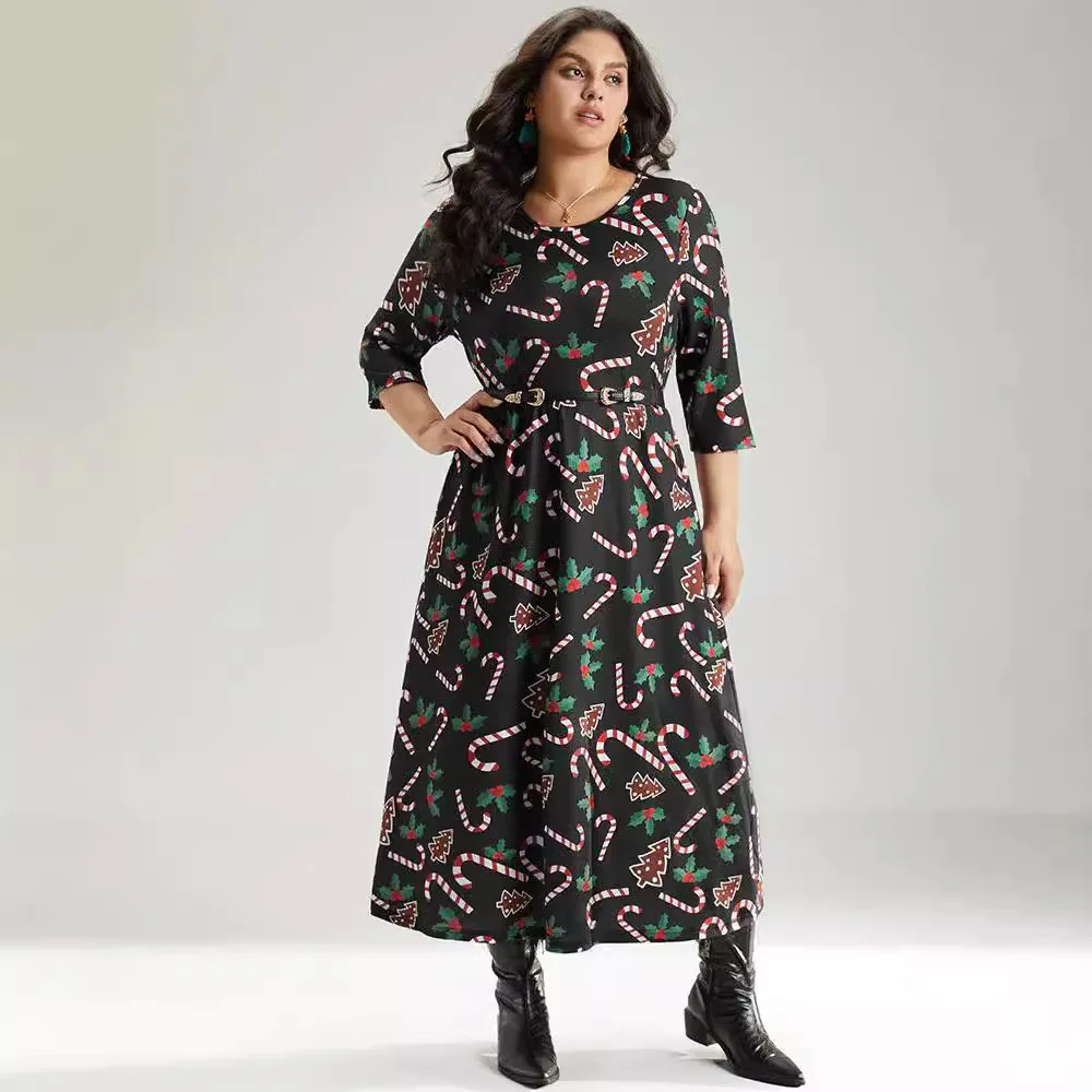 Plus Size Clothing Large Christmas Print Long Sleeved Round Neck Pocket Elastic Waist A--line New Women's Long Skirt Dress