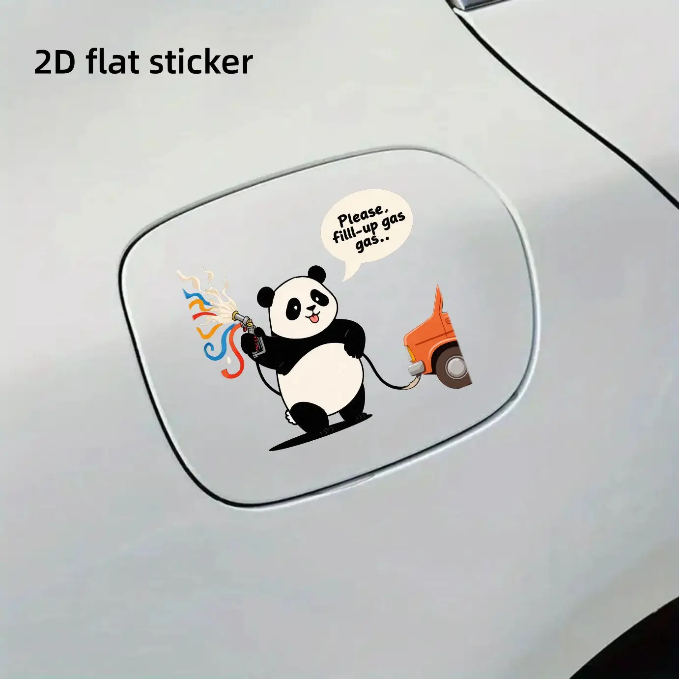 1Pc 2D Cute Chubby Panda Holding Fuel Nozzle Spray Colorful Cartoon Fuel Cap Sticker,Car Decal Decor