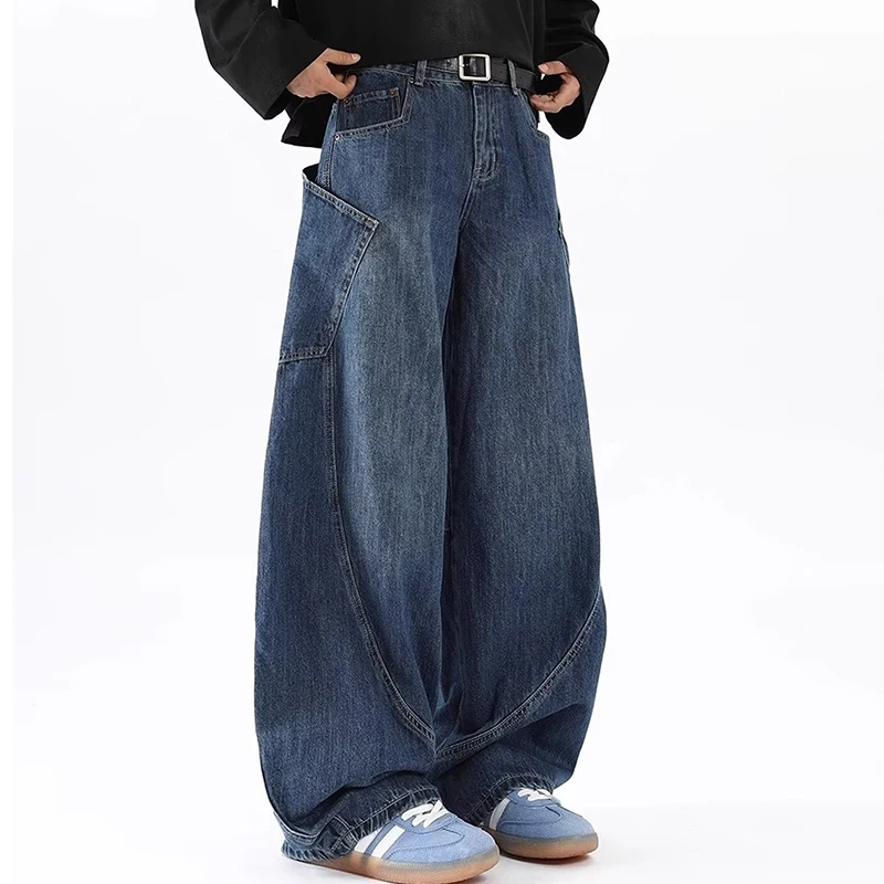 Korean Retro Men'S Jeans Fashion Large Pocket Design Curved Knife Jeans Straight Leg Pants Letter Embroidered Baggy Jeans Y2k