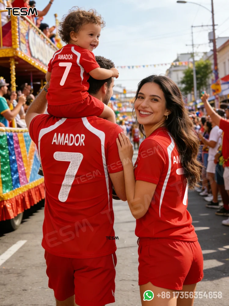 Camiseta familiar a juego TESM Mariscos Viral Spanish Seafood Guy con pantalones cortos rojos, atuendo para desfile de carnaval, camiseta de entrenamiento de fútbol para aficionados