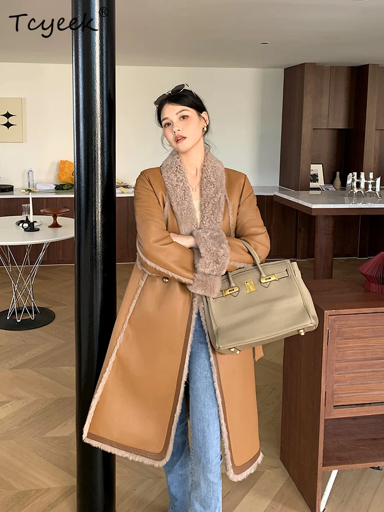 Tcyeek lana genuina Otoño Invierno gama alta moda tarjeta profunda longitud media mujer lana piel de oveja abrigo Fourrures Femme