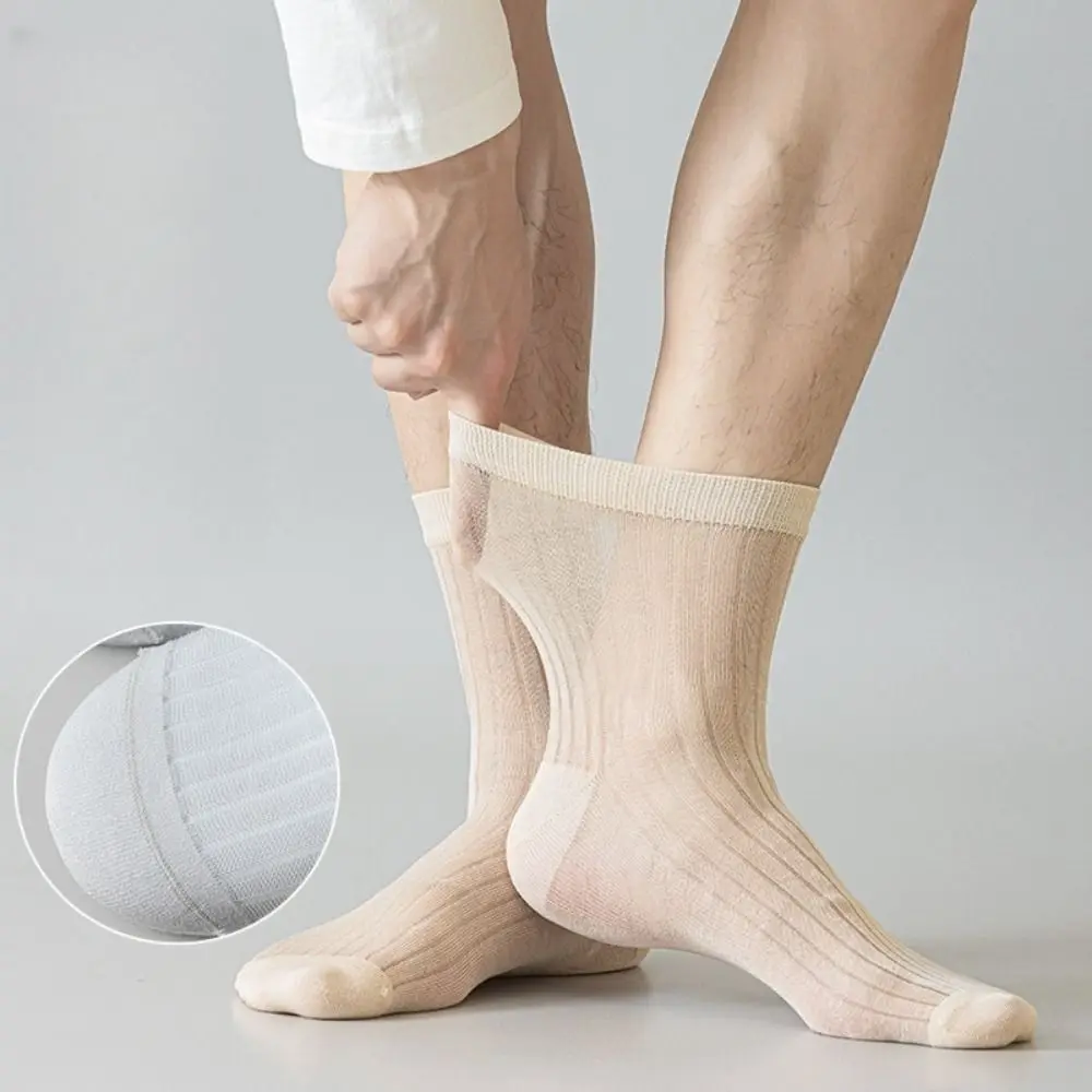 

Эластичные однотонные деловые носки, мужские сетчатые тонкие дышащие носки до середины икры, мужские летние полосатые мужские носки-трубы, летние