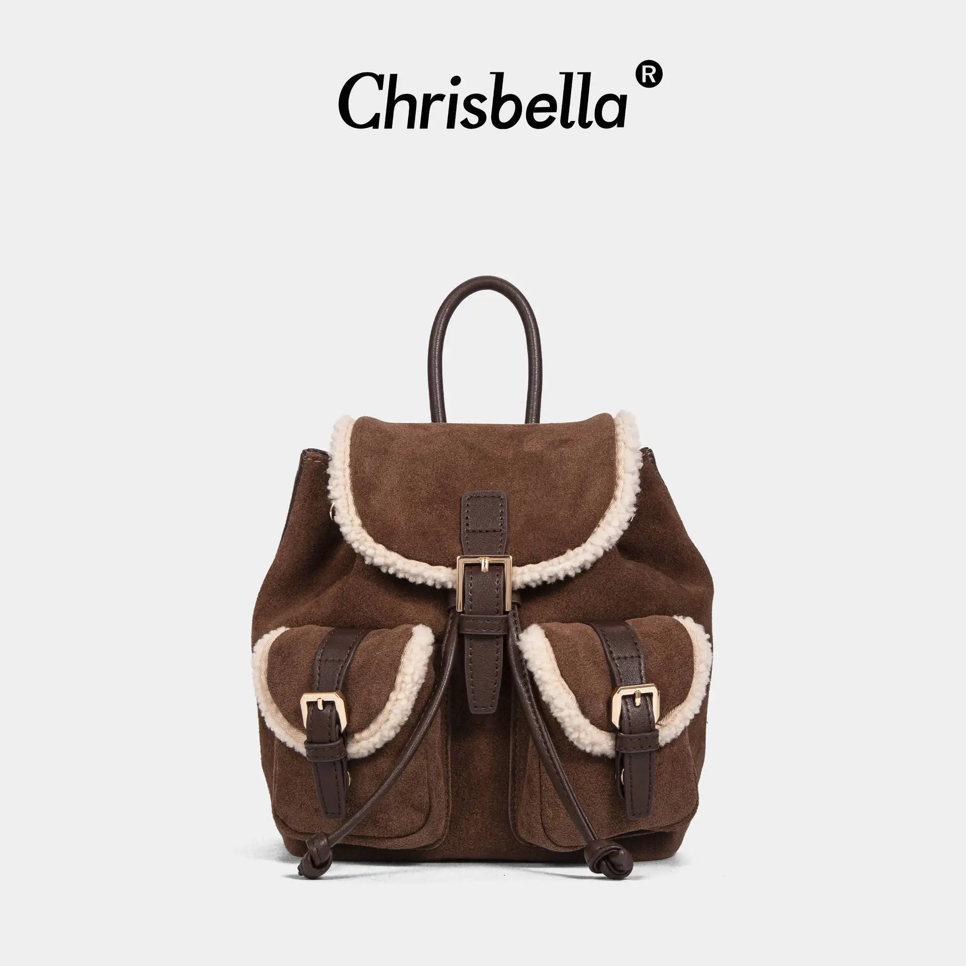 

Chrisbella Lamb Fleece Frosted Cowhide Cowhide Backpack Women's Large Capacity Leisure Travel Backpack Vintage Style