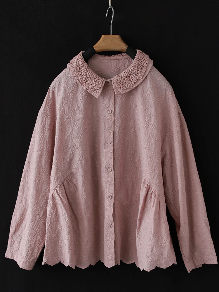 

Artistic Pure Color Double Layer Doll Collar Korean Sle Heavy Embroidery Long Sve Women's irt Loose Fit Cotton Blend