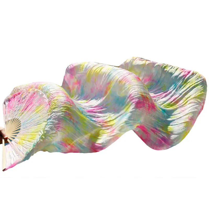 100% Real Silk Fan Veils for Belly Dance Bamboo-Ribs Folding Silk Fan 180cm*90cm Chinese Hand Made Dyed Fan Tie-dye Color 1PC