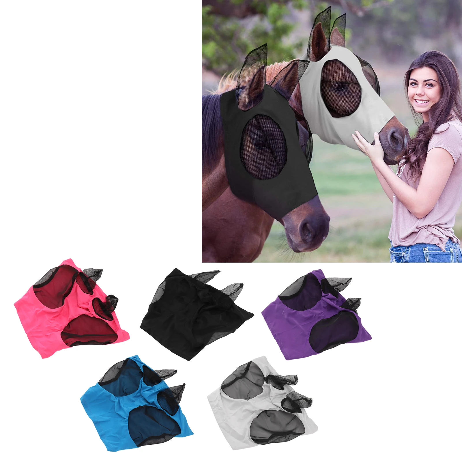Horse Fly Mask with Ears Horse Mesh Fly Mask Breathable Elastic Horse Face Mask with Ears  Riding Equestrian Equipment